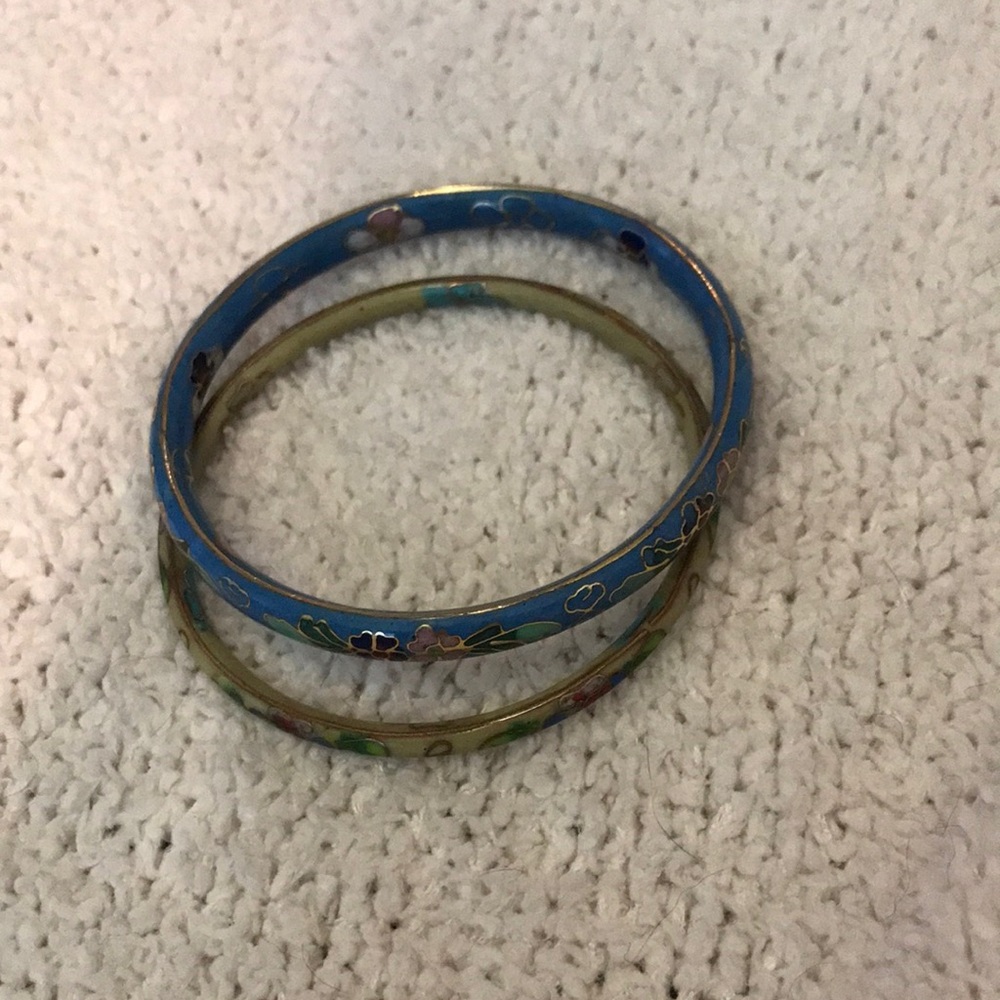 Blue and Gold Floral Cloisonné Bangle Set